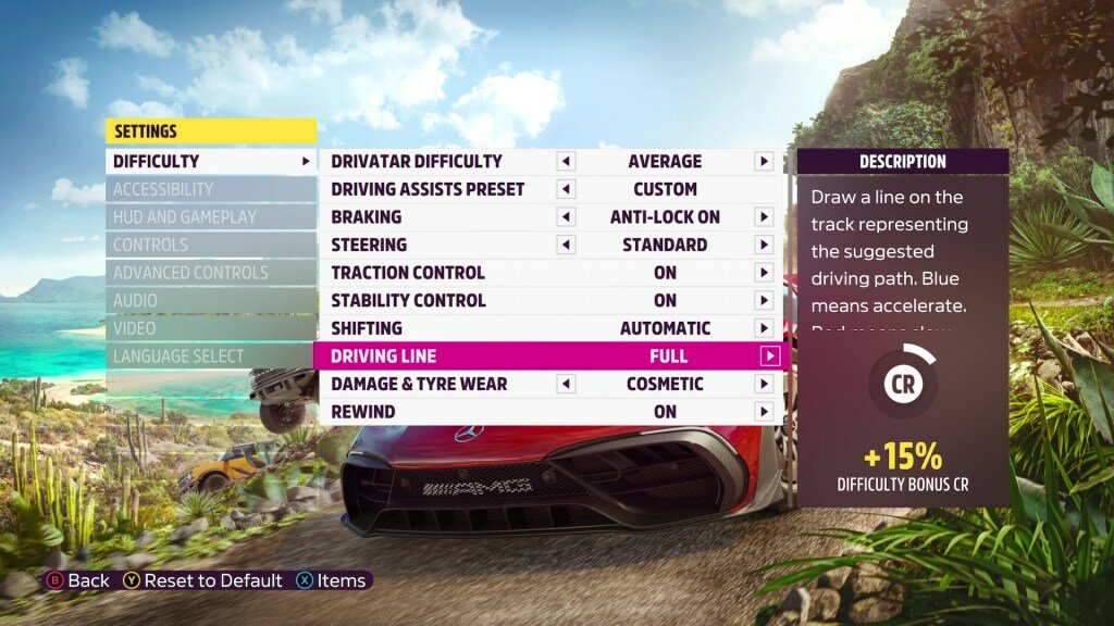 Forza Horizon difficulty menu
